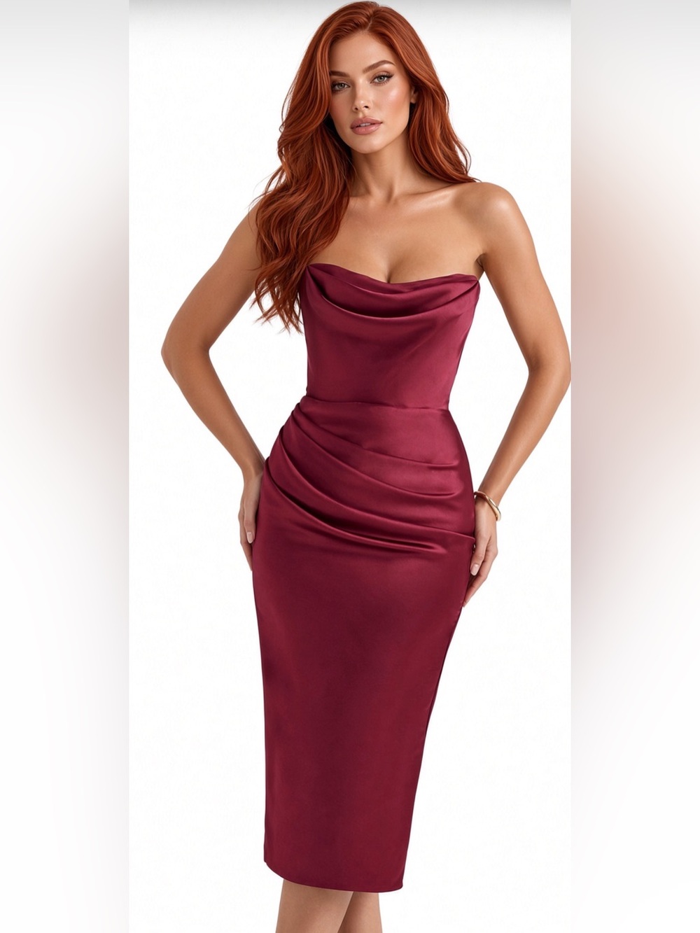 HOUSE OF CB 'Santana' Berry Satin Strapless Midi Dress/Size XS(Plus)-US2-4 $285